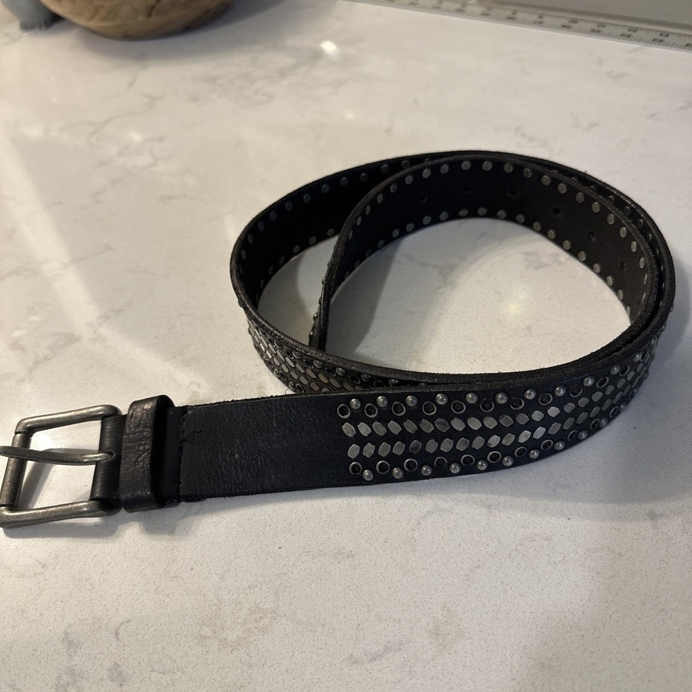 Free People Studded Black Leather Belt Size M/L 1.5" Wide EDGY GOTH MOTO
